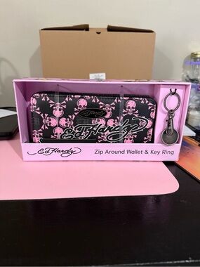 Ed Hardy Black Wallet with Pink Skull Print & Key Ring